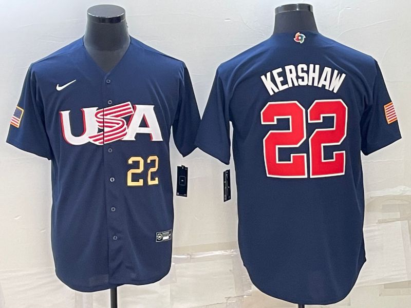 Men 2023 World Cub USA #22 Kershaw Blue Nike MLB Jersey4->more jerseys->MLB Jersey